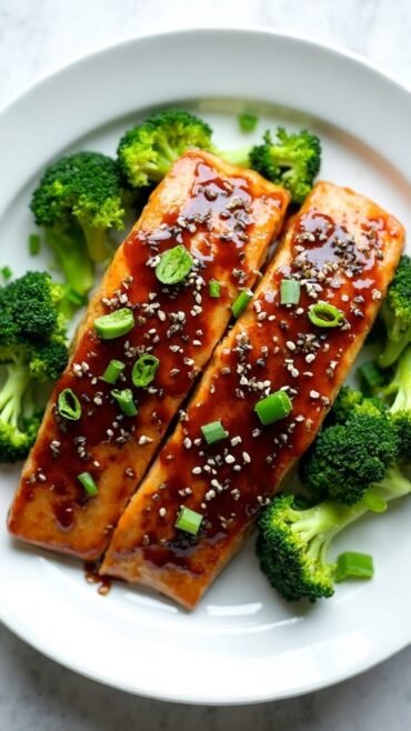 salmon glazed with broccoli